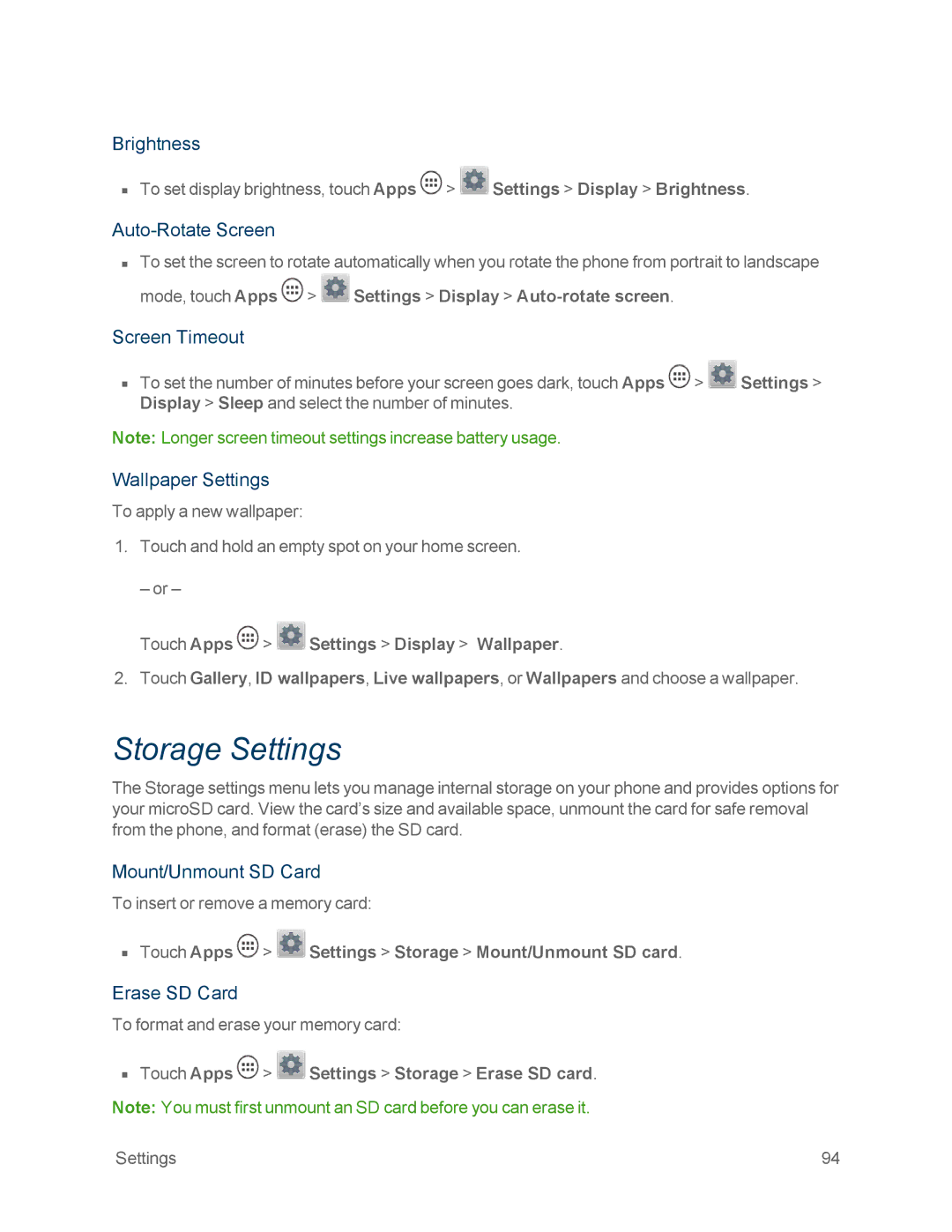 Motorola MOTOXT897 manual Storage Settings 