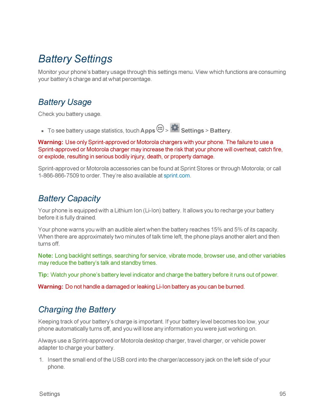 Motorola MOTOXT897 manual Battery Settings, Battery Usage, Battery Capacity, Charging the Battery 