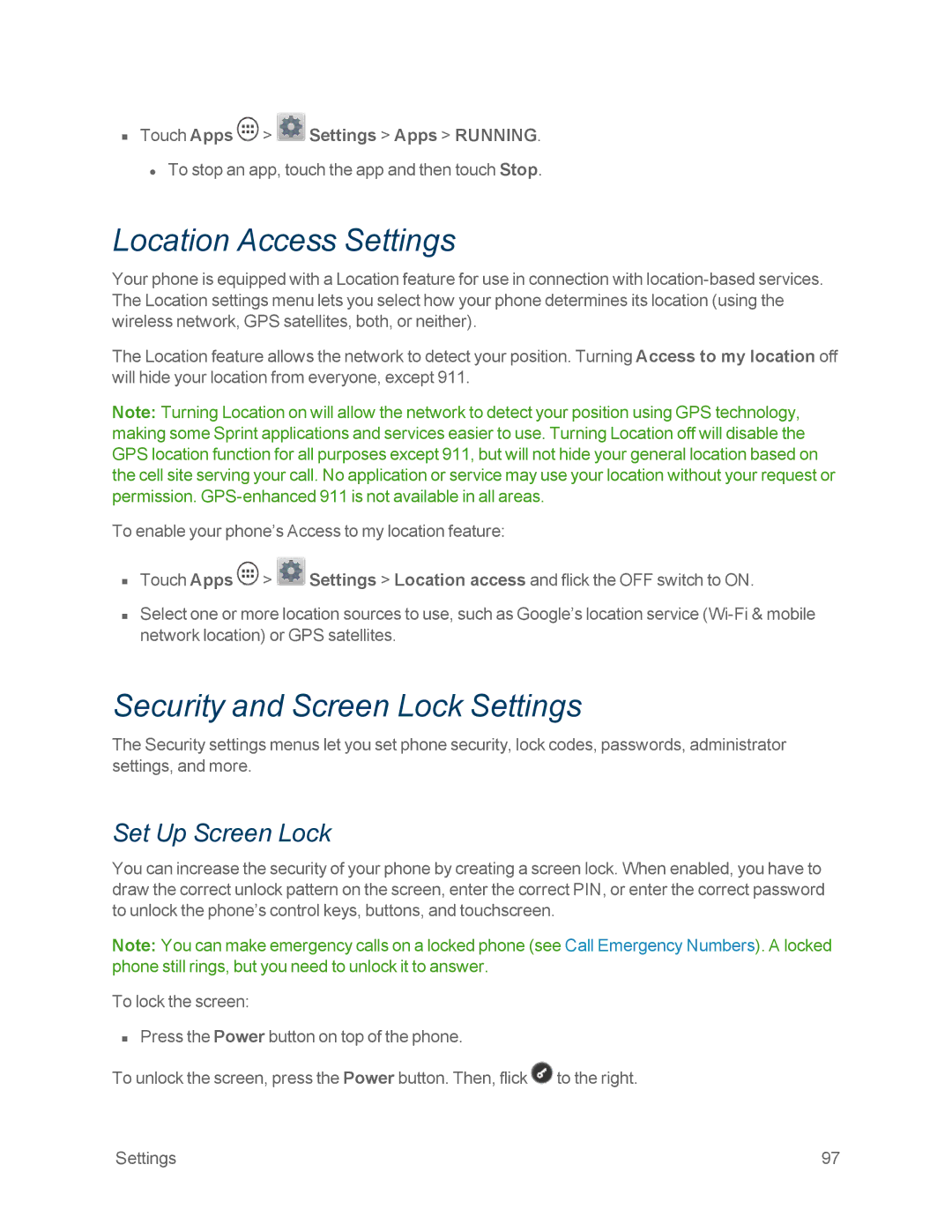 Motorola MOTOXT897 manual Location Access Settings, Security and Screen Lock Settings, Set Up Screen Lock 