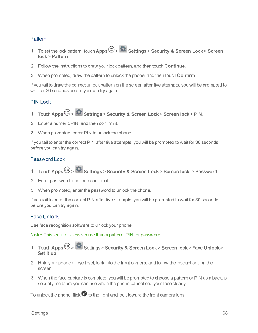 Motorola MOTOXT897 manual Pattern, PIN Lock, Password Lock, Face Unlock 