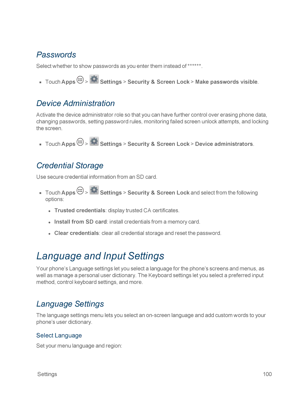 Motorola MOTOXT897 Language and Input Settings, Passwords, Device Administration, Credential Storage, Language Settings 