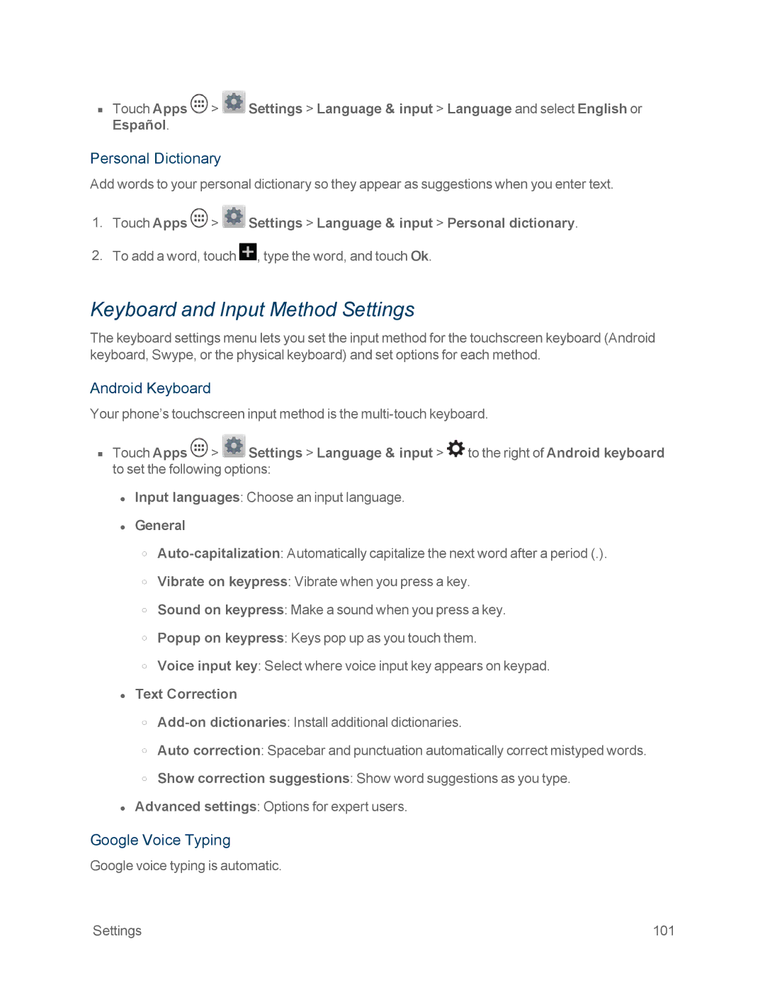 Motorola MOTOXT897 manual Keyboard and Input Method Settings, Personal Dictionary, Android Keyboard, Google Voice Typing 