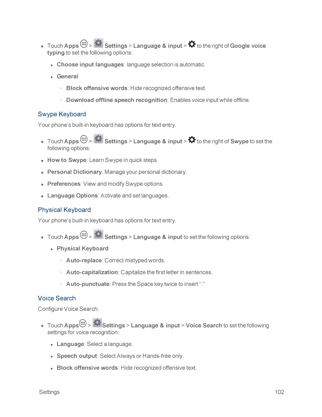 Motorola MOTOXT897 manual Swype Keyboard, Physical Keyboard, Voice Search 