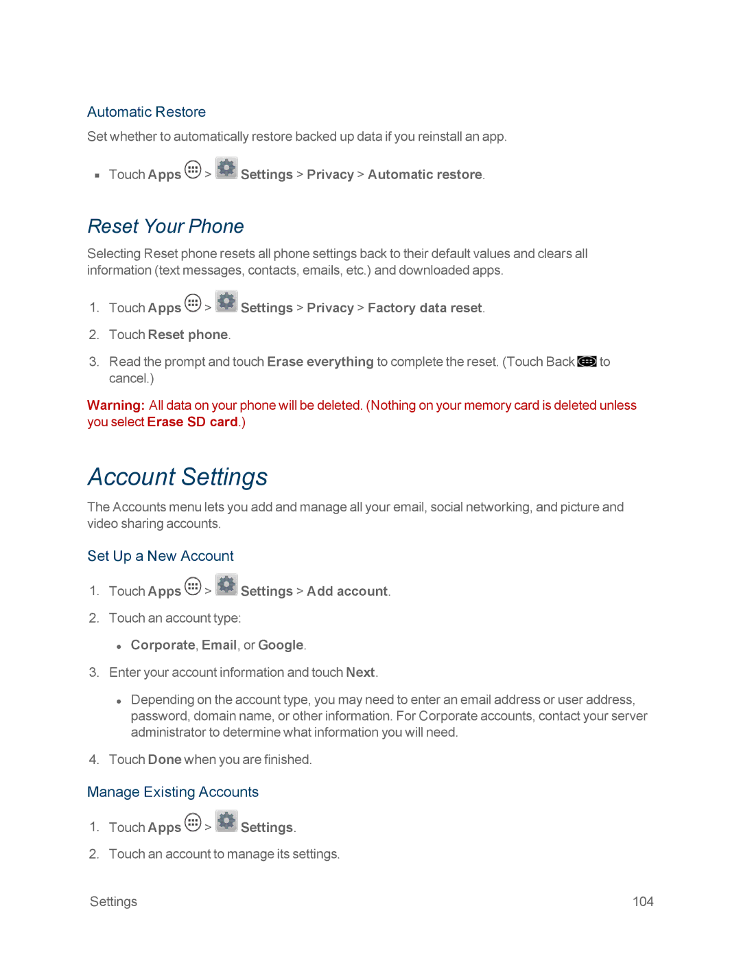 Motorola MOTOXT897 Account Settings, Reset Your Phone, Automatic Restore, Set Up a New Account, Manage Existing Accounts 