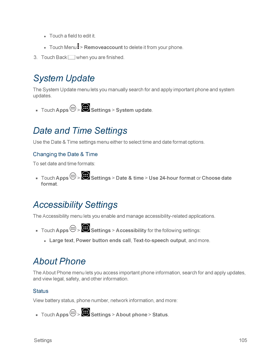 Motorola MOTOXT897 manual System Update, Date and Time Settings, Accessibility Settings, About Phone 