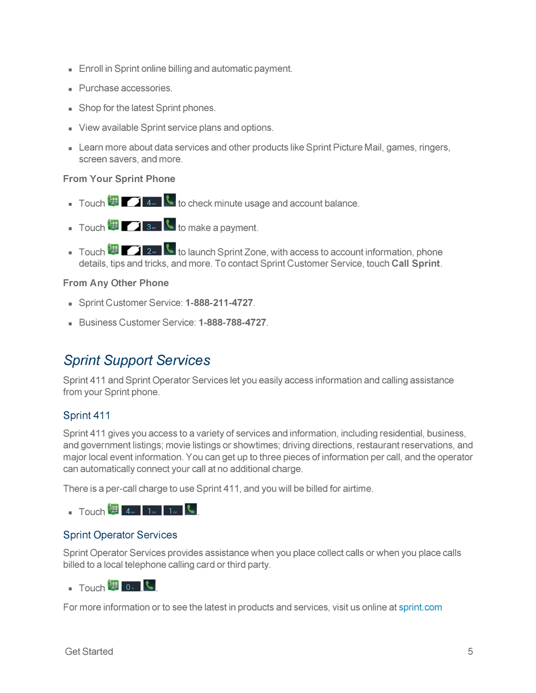 Motorola MOTOXT897 manual Sprint Support Services, Sprint Operator Services, From Your Sprint Phone, From Any Other Phone 