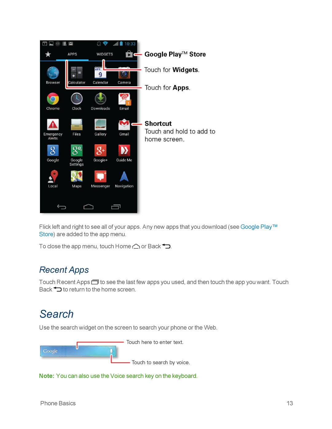 Motorola MOTOXT897 manual Search, Recent Apps 