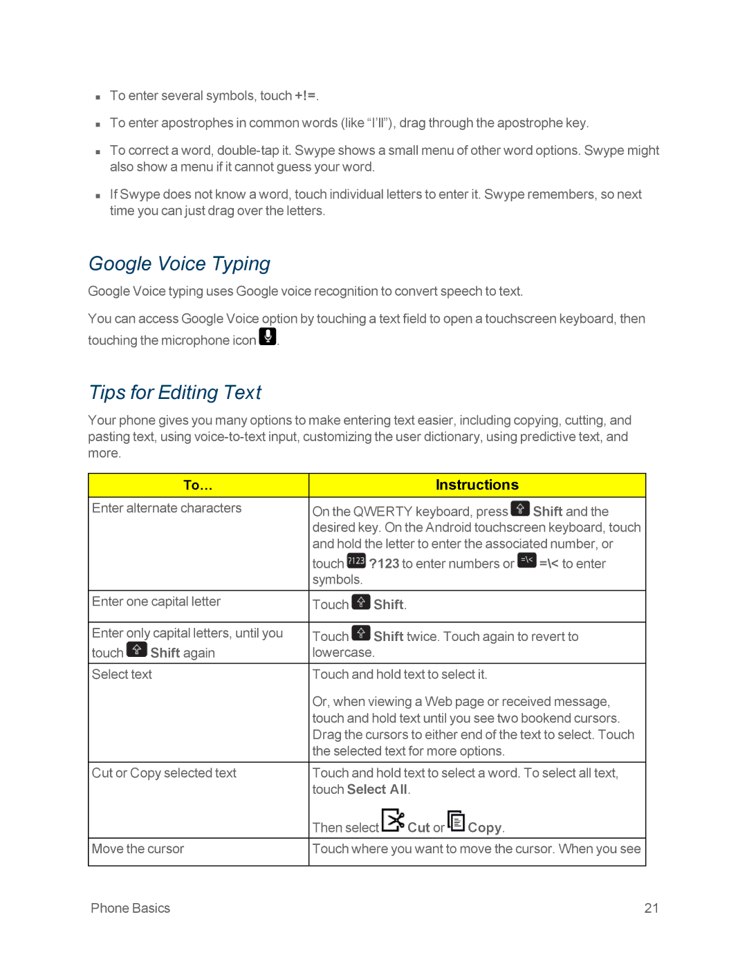 Motorola MOTOXT897 manual Google Voice Typing, Tips for Editing Text 