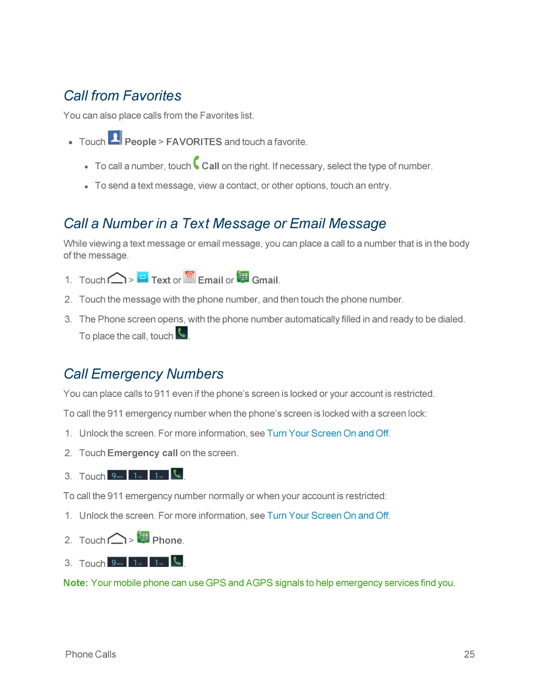 Motorola MOTOXT897 manual Call from Favorites, Call a Number in a Text Message or Email Message, Call Emergency Numbers 