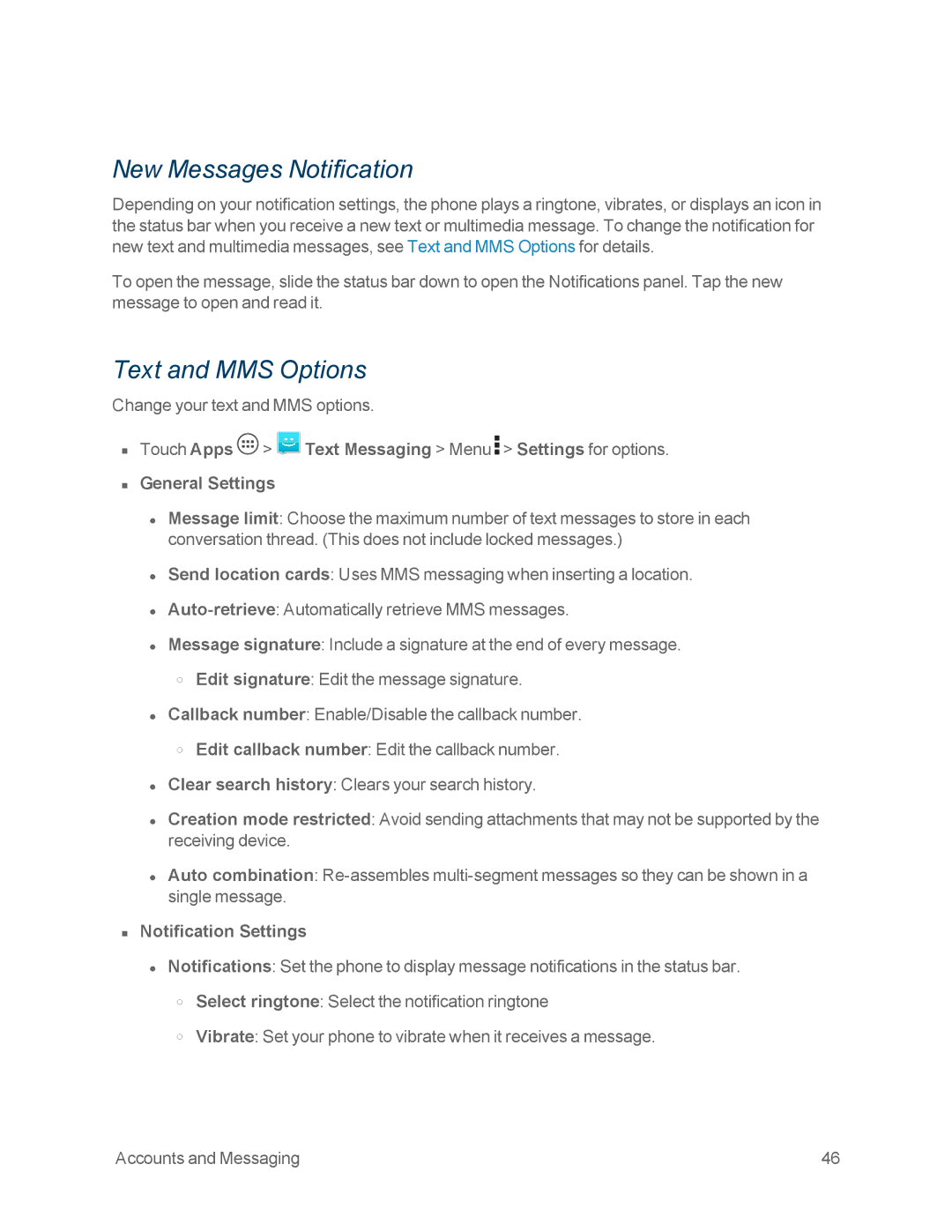 Motorola MOTOXT897 manual New Messages Notification, Text and MMS Options, General Settings, Notification Settings 