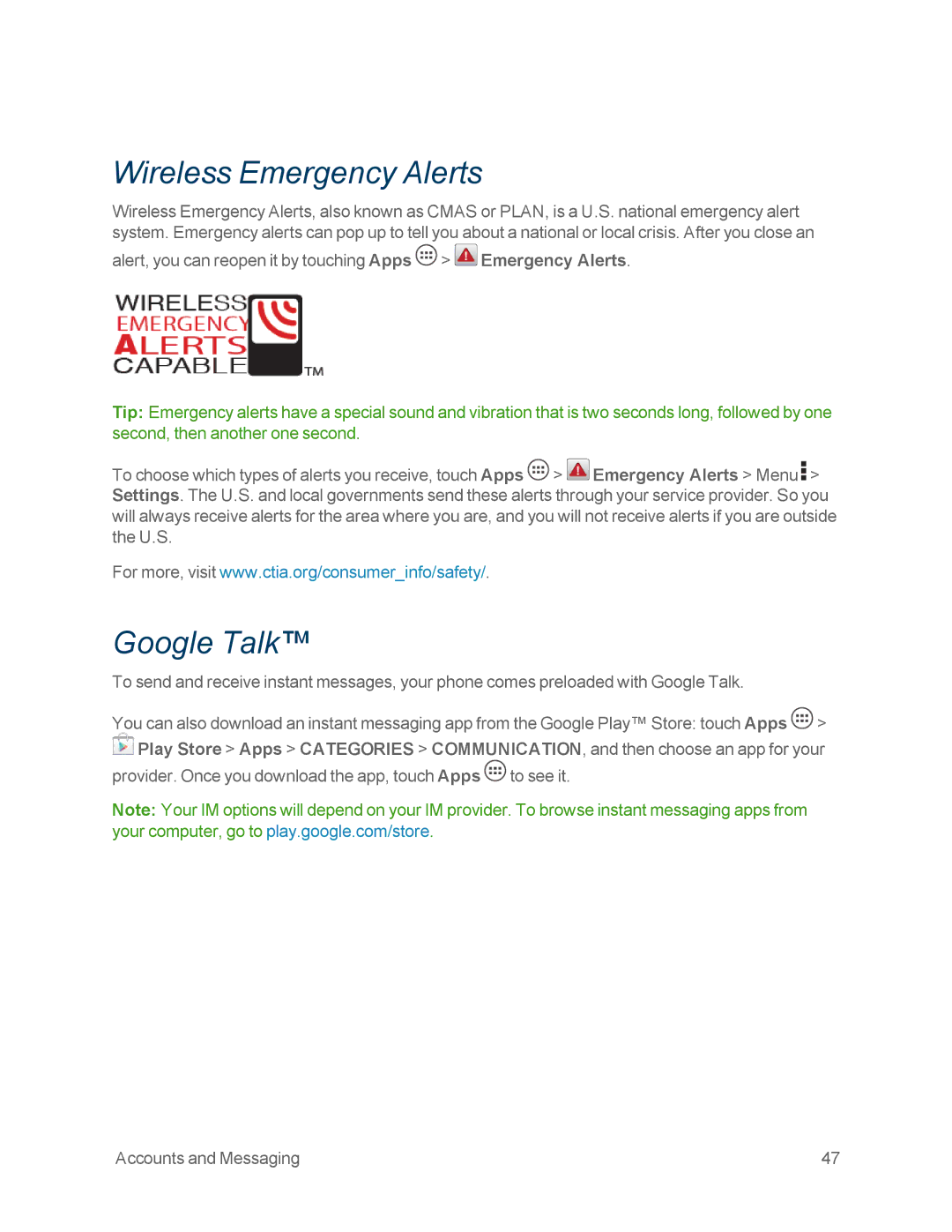 Motorola MOTOXT897 manual Wireless Emergency Alerts, Google Talk 