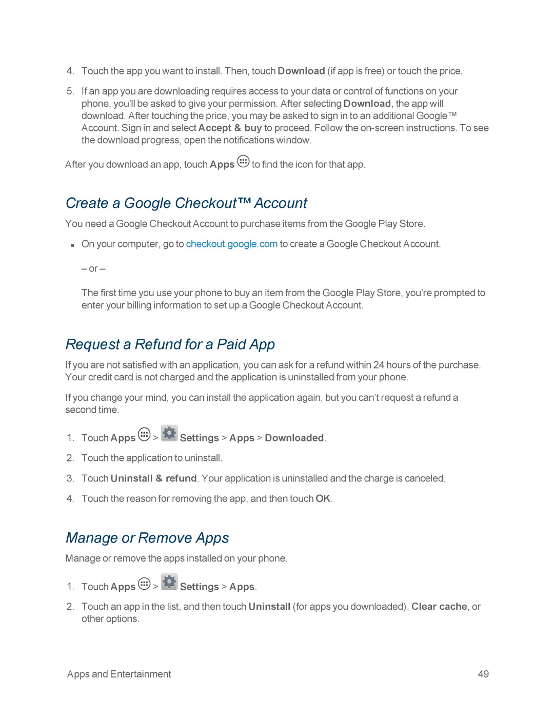 Motorola MOTOXT897 manual Create a Google Checkout Account, Request a Refund for a Paid App, Manage or Remove Apps 