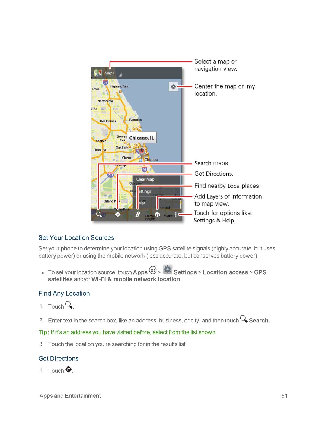 Motorola MOTOXT897 manual Set Your Location Sources, Find Any Location, Get Directions 