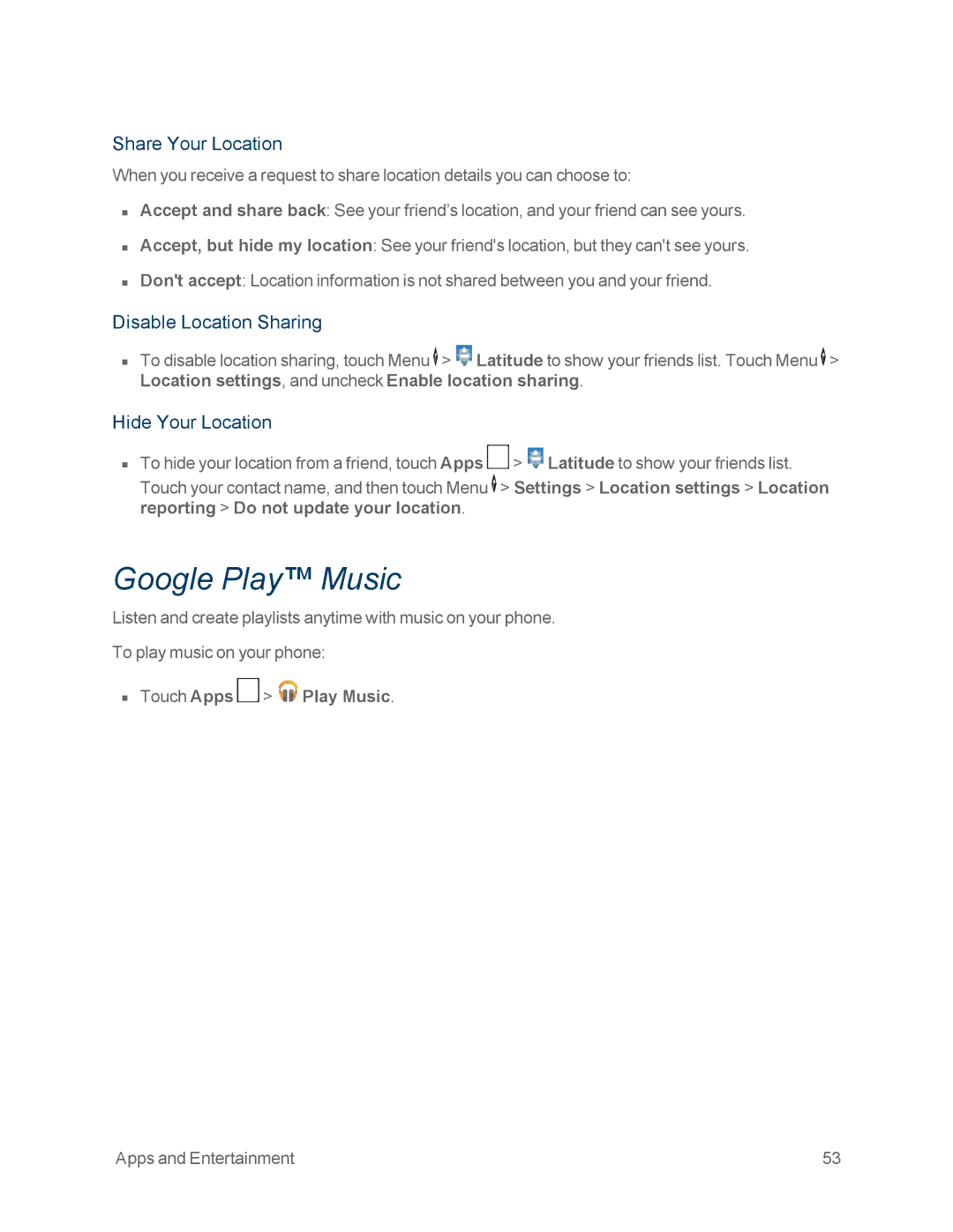 Motorola MOTOXT897 manual Google Play Music, Share Your Location, Disable Location Sharing, Hide Your Location 