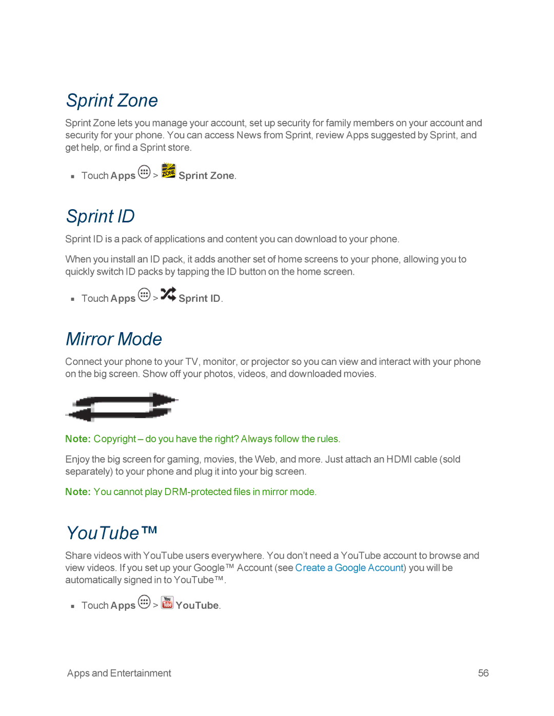 Motorola MOTOXT897 manual Sprint Zone, Sprint ID, Mirror Mode, YouTube 