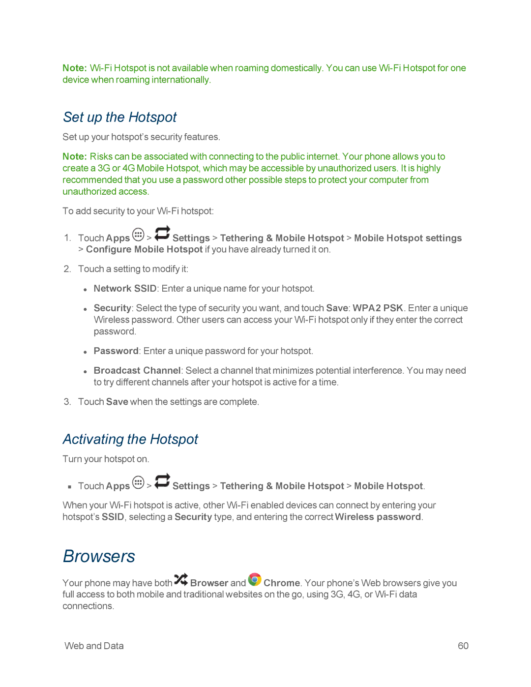 Motorola MOTOXT897 manual Browsers, Set up the Hotspot, Activating the Hotspot 