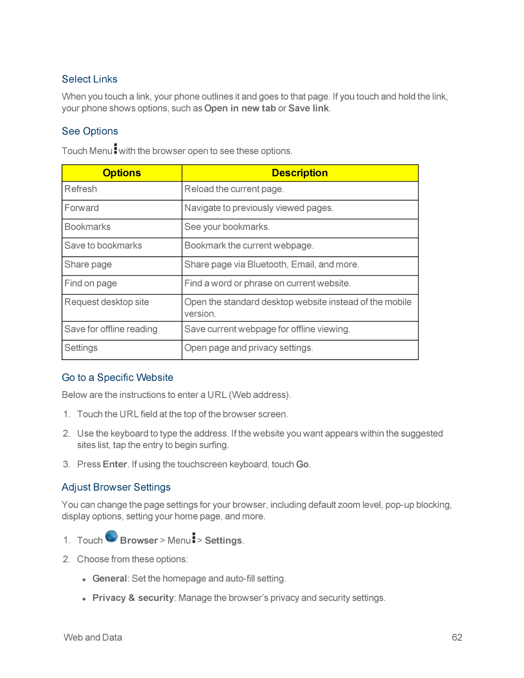 Motorola MOTOXT897 manual Select Links, See Options, Go to a Specific Website, Adjust Browser Settings 