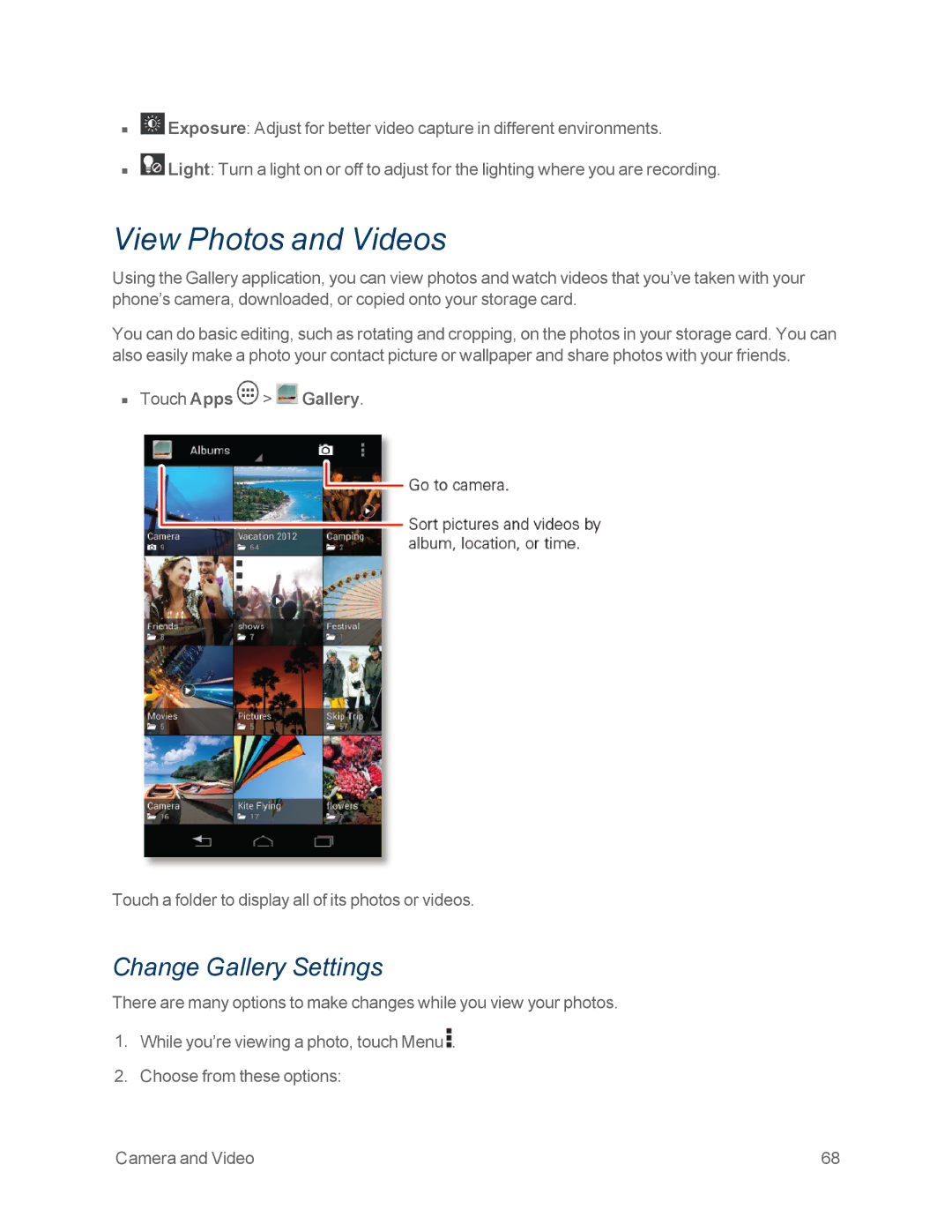 Motorola MOTOXT897 manual View Photos and Videos, Change Gallery Settings, Touch Apps Gallery 