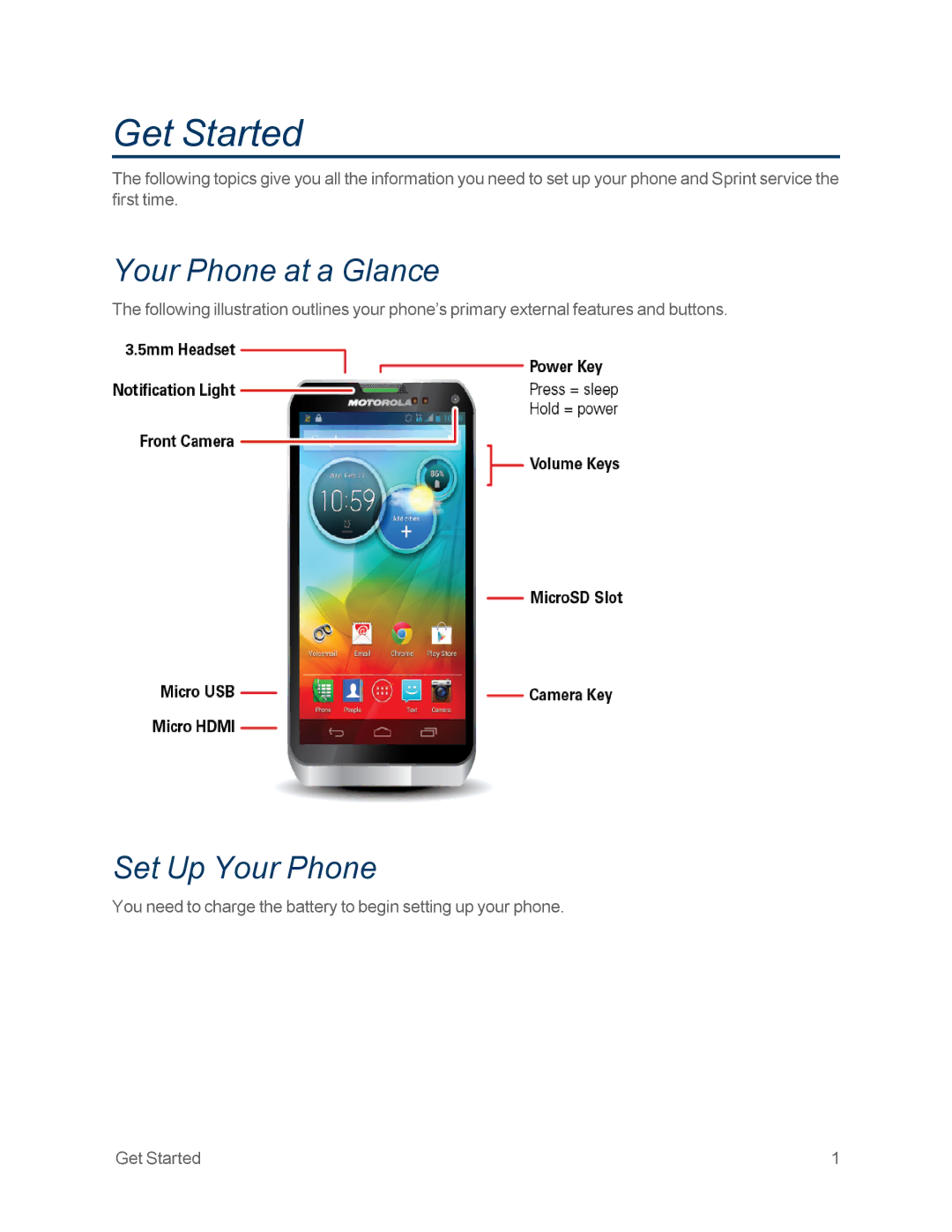 Motorola MOTOXT897 manual Get Started, Your Phone at a Glance, Set Up Your Phone 