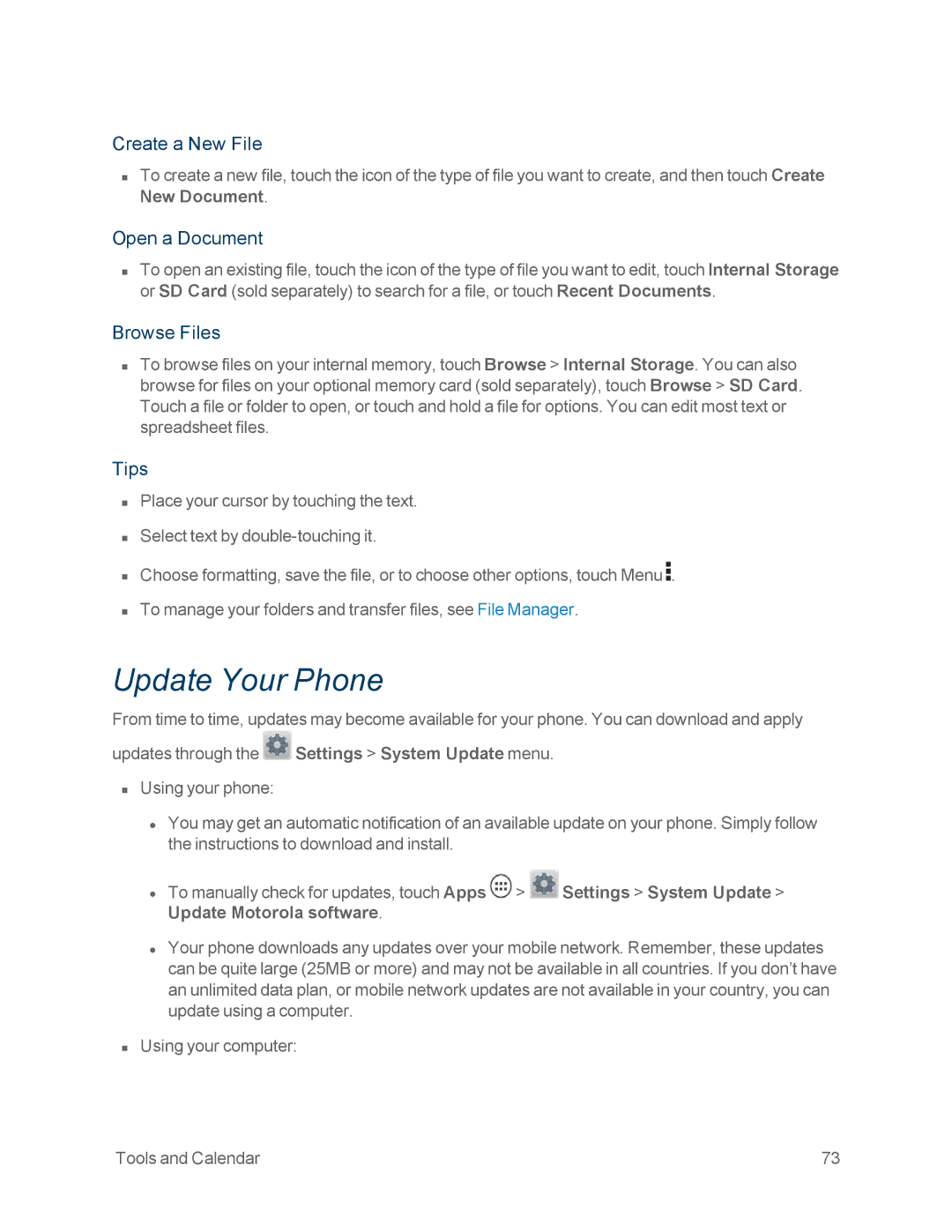 Motorola MOTOXT897 manual Update Your Phone, Create a New File, Open a Document, Browse Files, Tips 