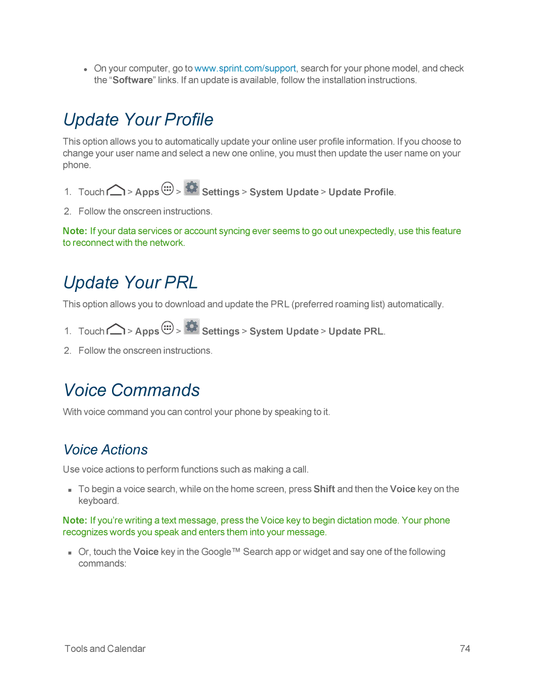 Motorola MOTOXT897 manual Update Your Profile, Update Your PRL, Voice Commands, Voice Actions 