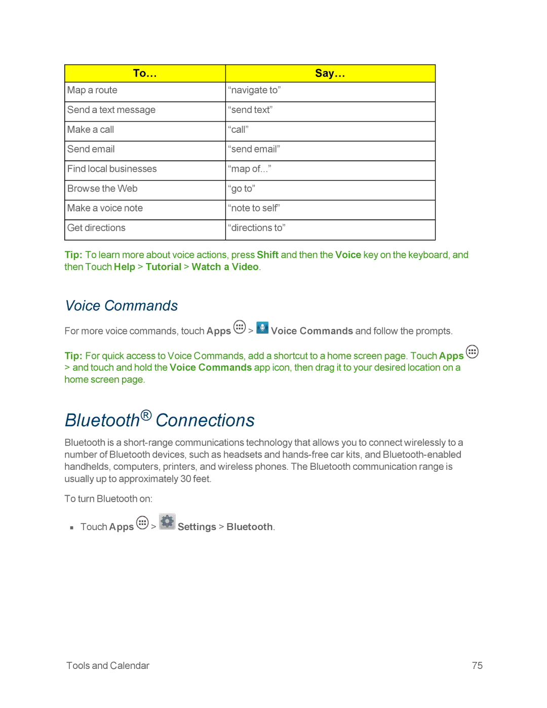 Motorola MOTOXT897 manual Bluetooth Connections, Voice Commands, Touch Apps Settings Bluetooth 