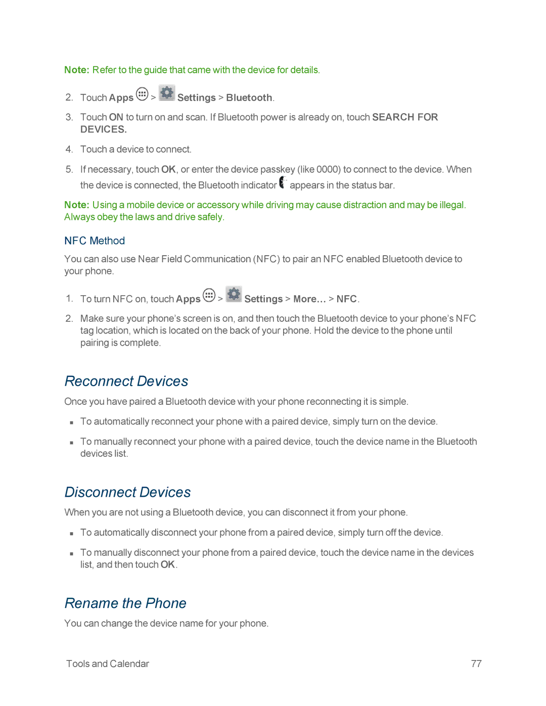 Motorola MOTOXT897 manual Reconnect Devices, Disconnect Devices, Rename the Phone, NFC Method 