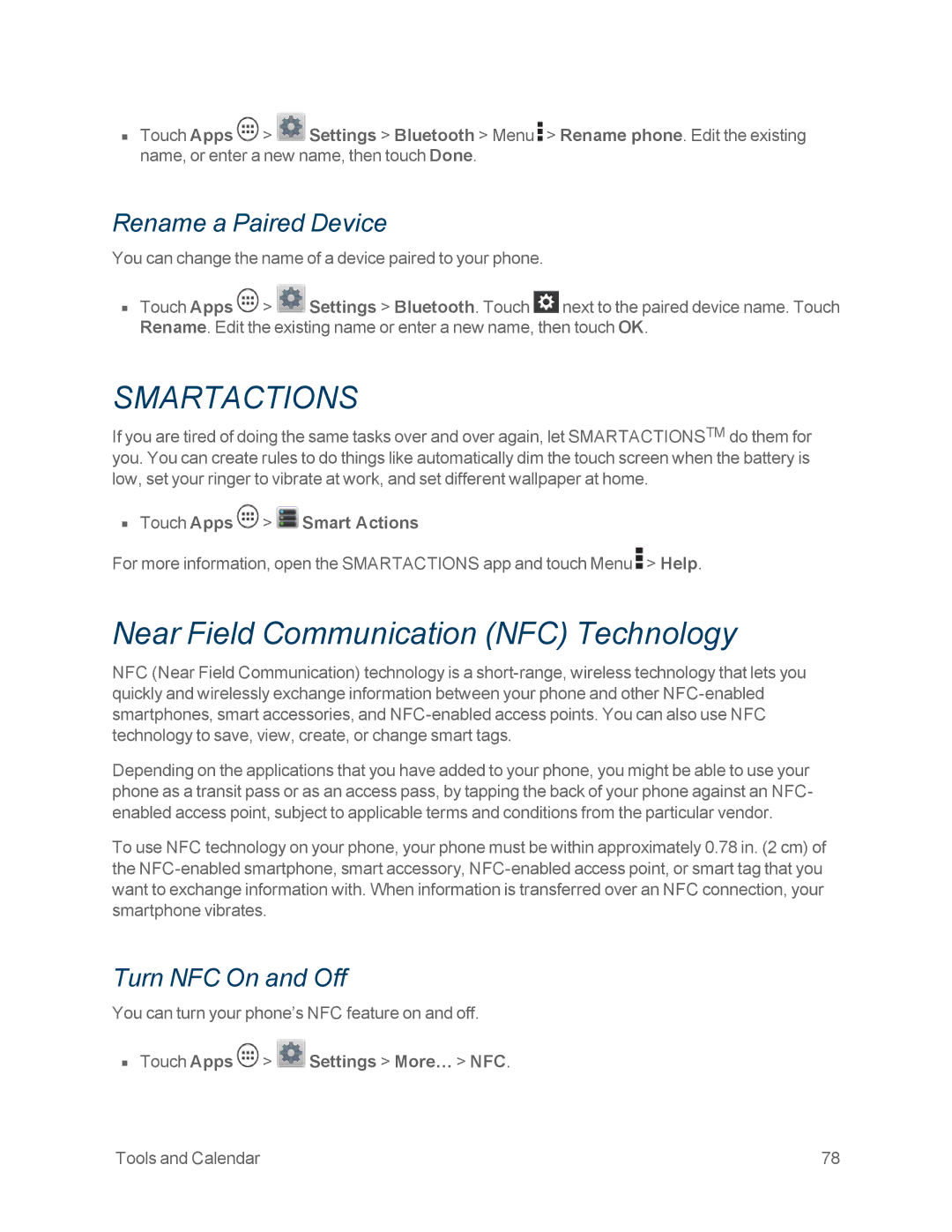 Motorola MOTOXT897 manual Near Field Communication NFC Technology, Rename a Paired Device, Turn NFC On and Off 