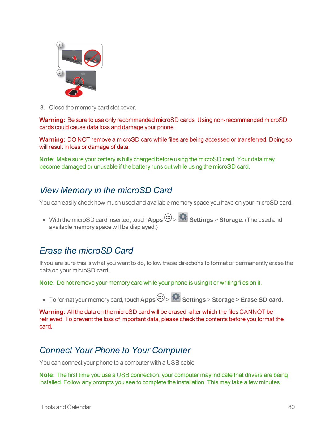 Motorola MOTOXT897 manual View Memory in the microSD Card, Erase the microSD Card, Connect Your Phone to Your Computer 