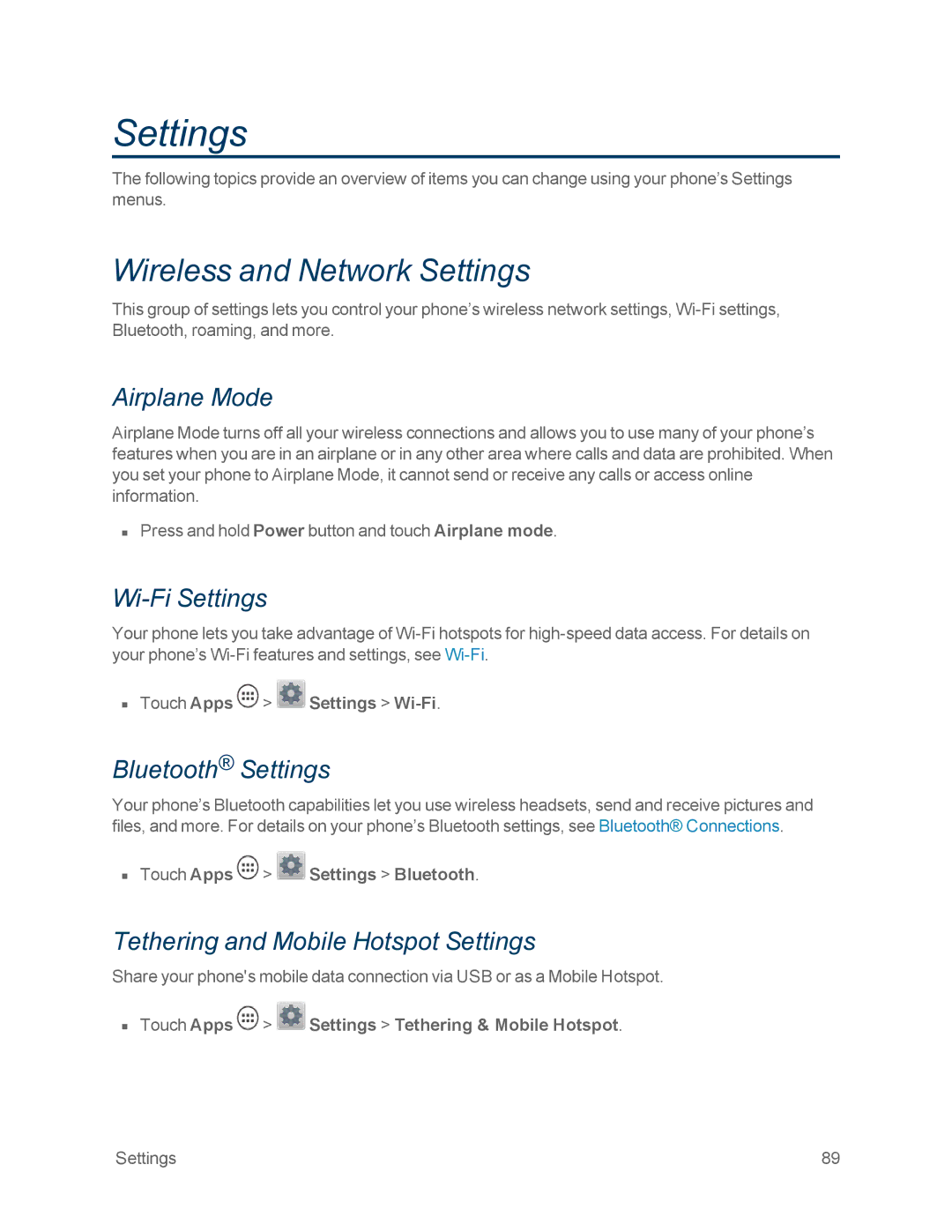 Motorola MOTOXT897 manual Wireless and Network Settings 