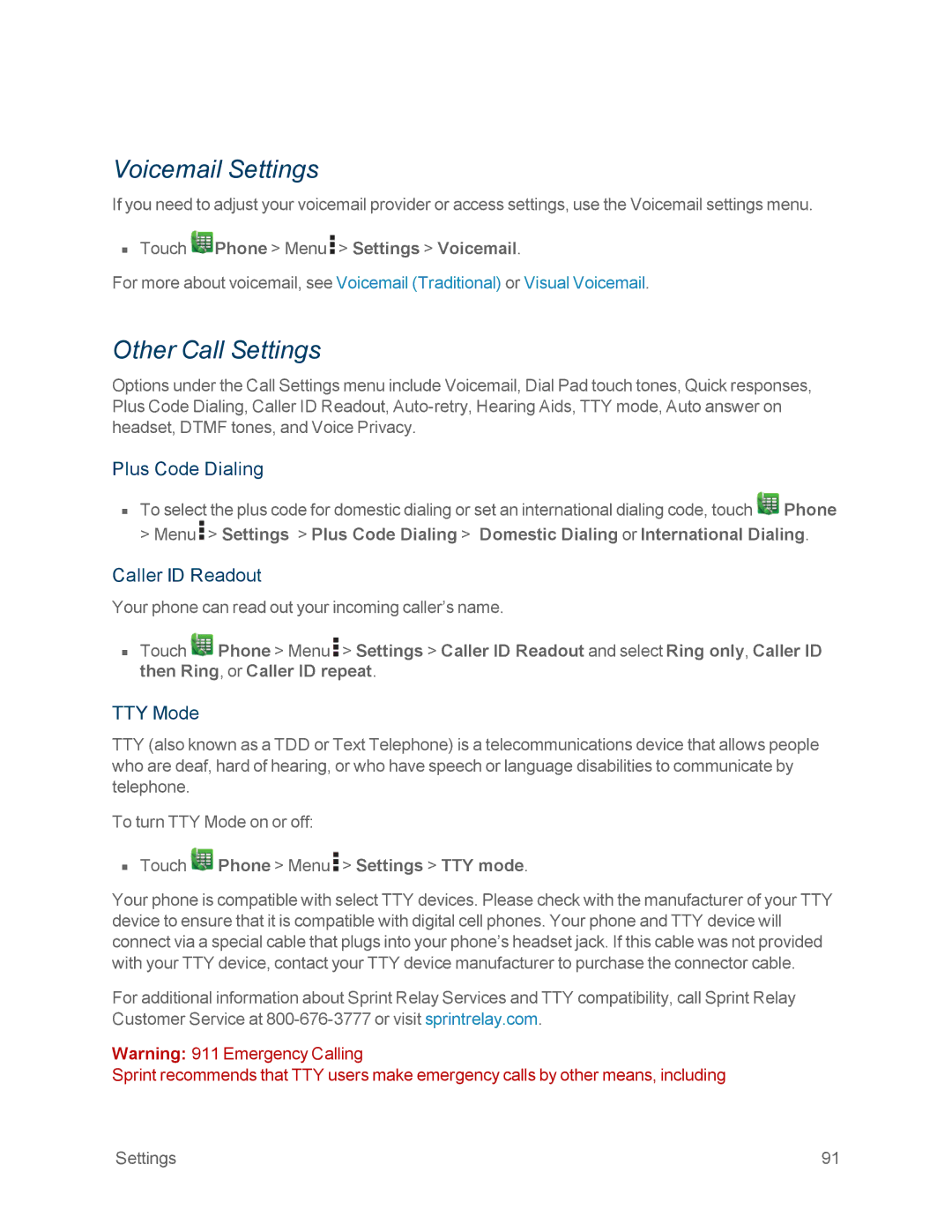 Motorola MOTOXT897 manual Voicemail Settings, Other Call Settings, Plus Code Dialing, Caller ID Readout, TTY Mode 