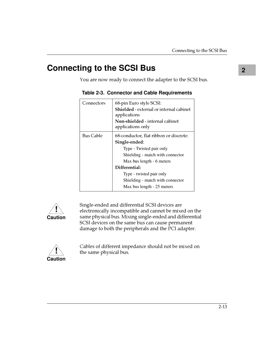 Motorola MPMC101 user manual Connecting to the Scsi Bus, Connector and Cable Requirements, Single-ended, Differential 