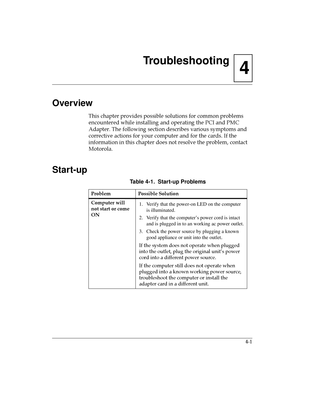 Motorola MPMC101 user manual Start-up Problems, Problem Possible Solution Computer will 