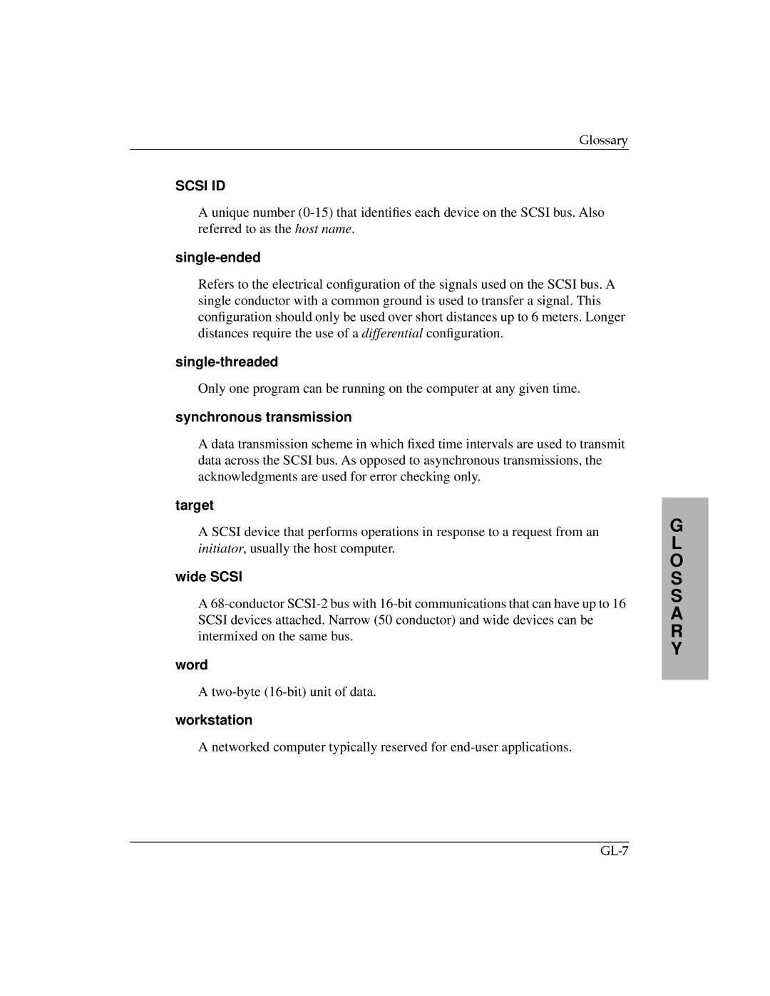 Motorola MPMC101 user manual Single-ended, Single-threaded, Synchronous transmission, Target, Wide Scsi, Word, Workstation 