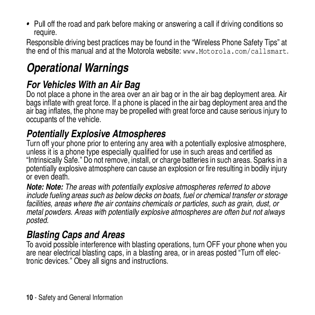 Motorola MPx200 manual Operational Warnings, For Vehicles With an Air Bag, Potentially Explosive Atmospheres 