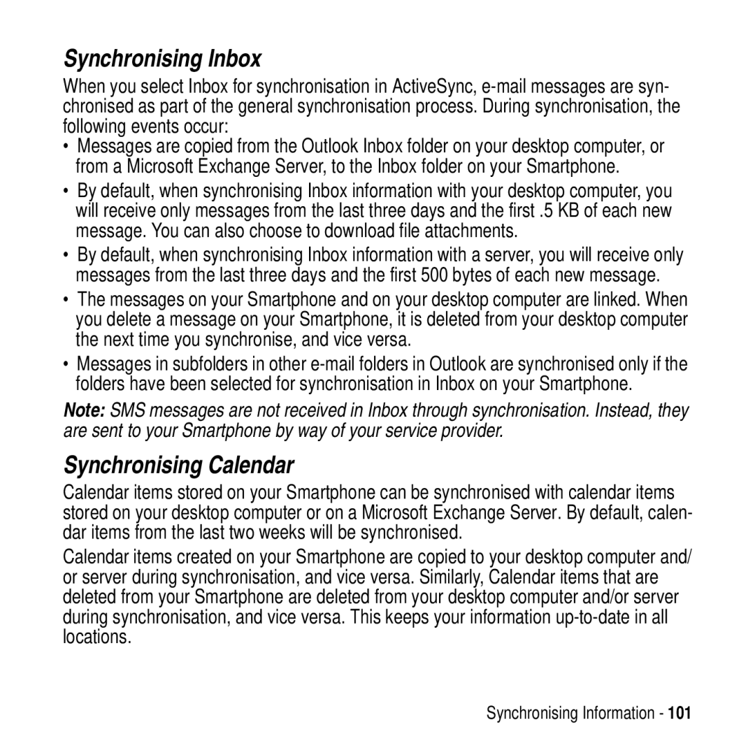 Motorola MPx200 manual Synchronising Inbox, Synchronising Calendar 