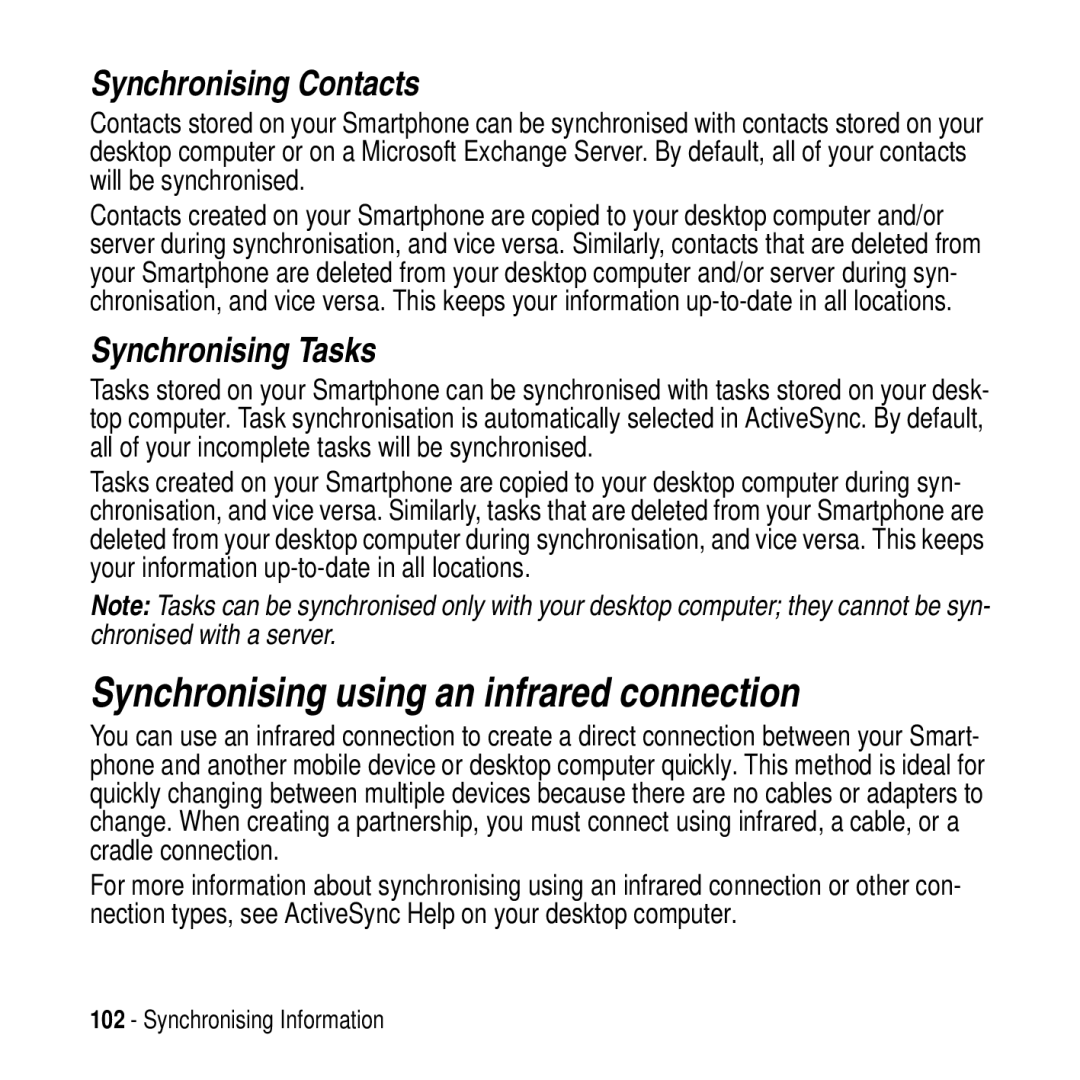 Motorola MPx200 manual Synchronising using an infrared connection, Synchronising Contacts, Synchronising Tasks 