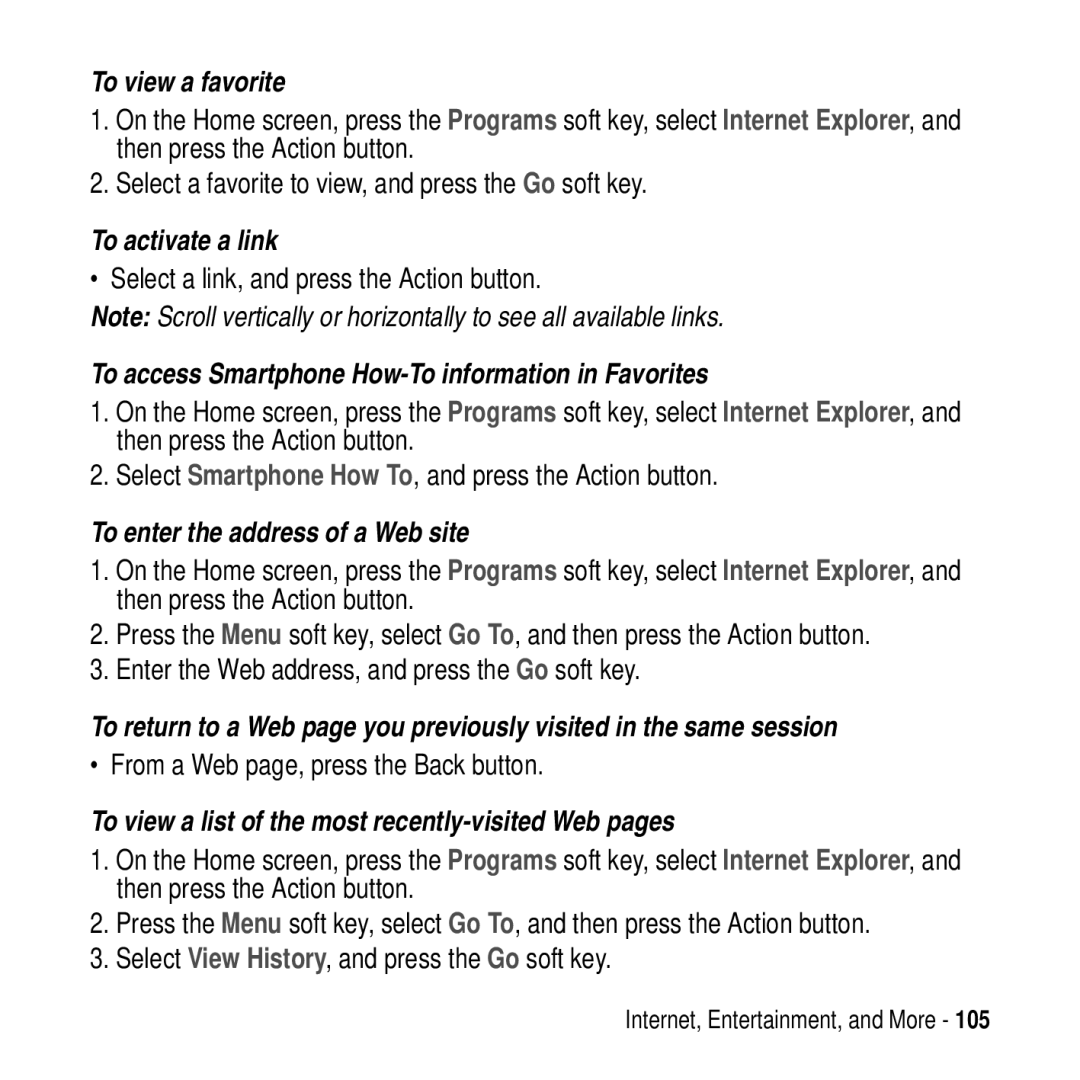 Motorola MPx200 manual To view a favorite, To activate a link, To access Smartphone How-To information in Favorites 