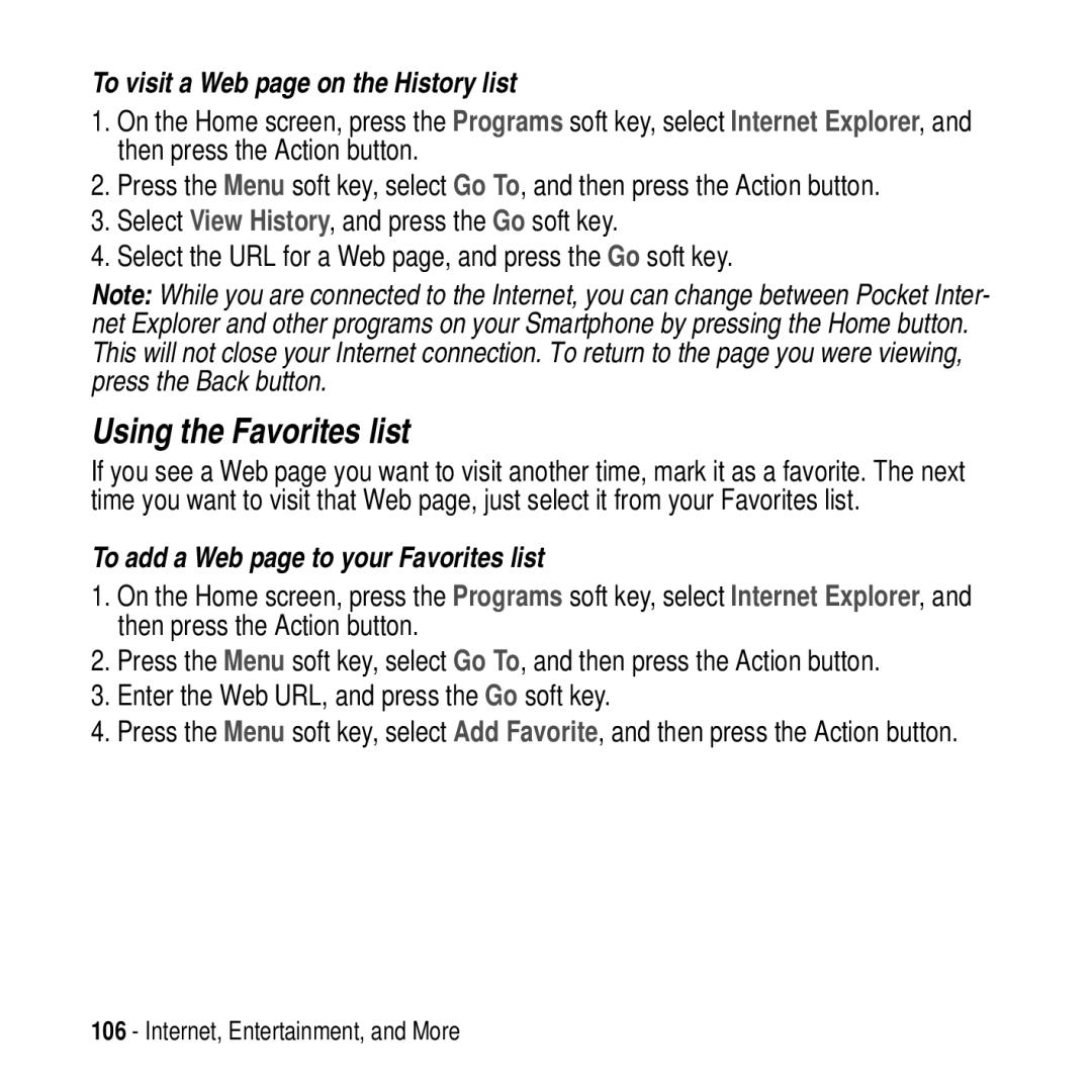 Motorola MPx200 manual Using the Favorites list, To visit a Web page on the History list 