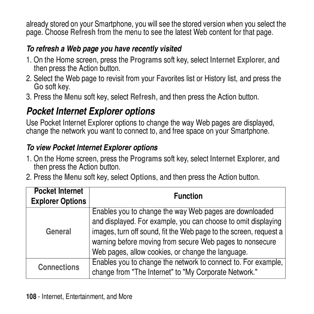 Motorola MPx200 manual Pocket Internet Explorer options, To refresh a Web page you have recently visited 