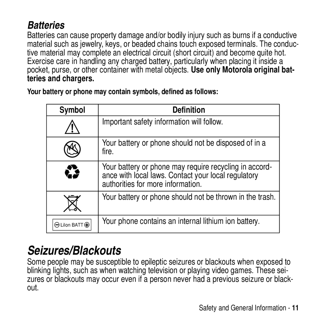 Motorola MPx200 manual Seizures/Blackouts, Batteries, Symbol Definition 