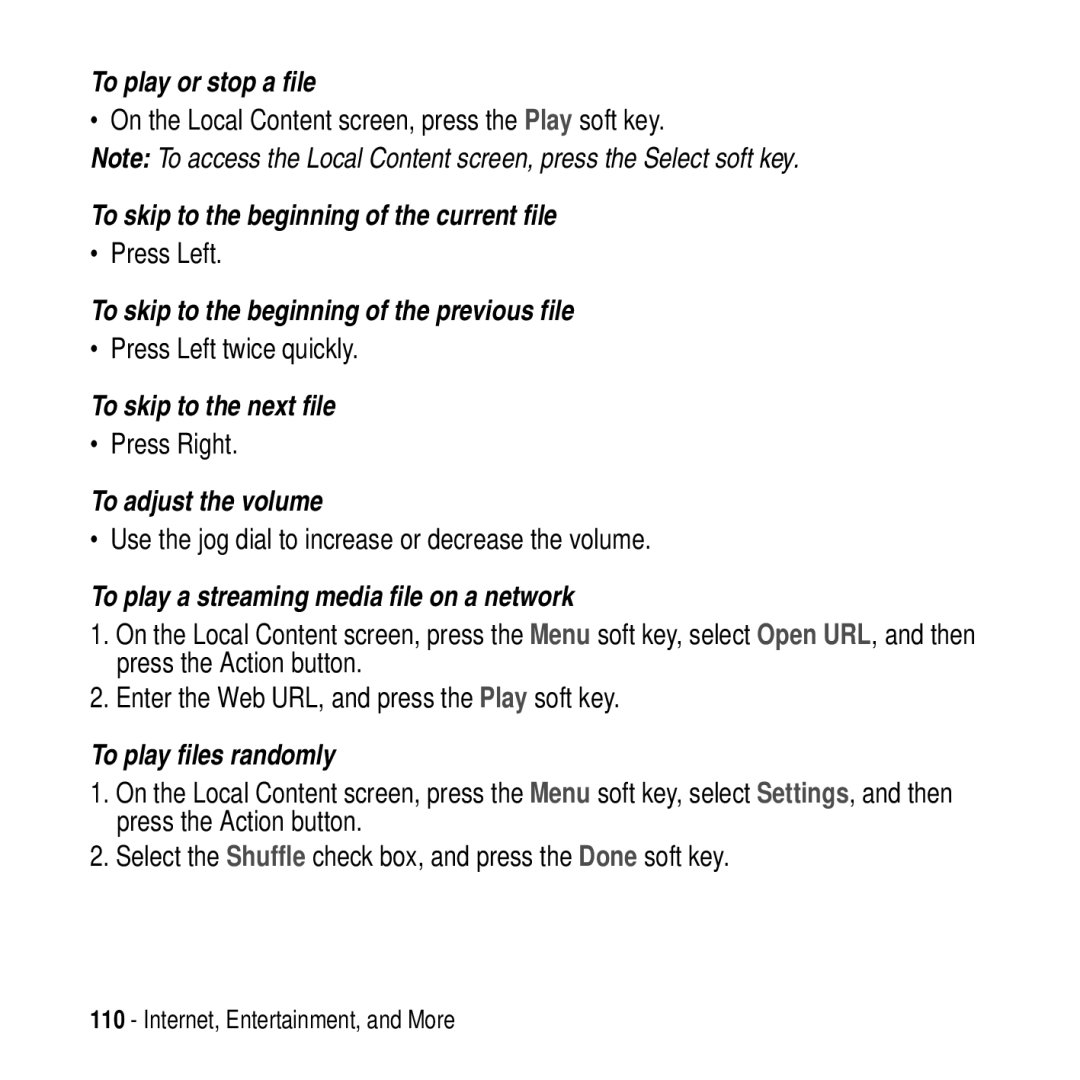 Motorola MPx200 manual To play or stop a file, To skip to the beginning of the current file, To skip to the next file 