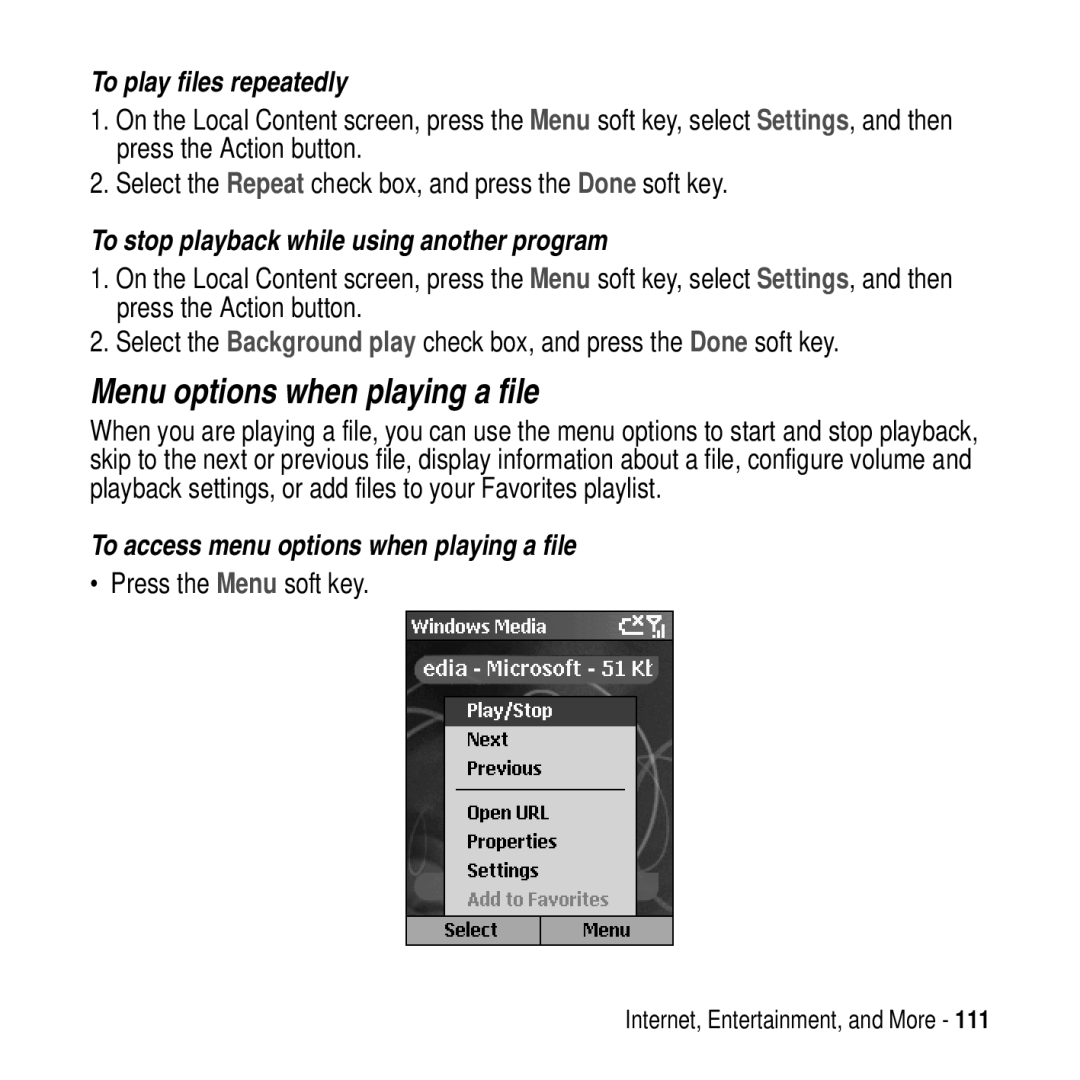 Motorola MPx200 Menu options when playing a file, To play files repeatedly, To stop playback while using another program 