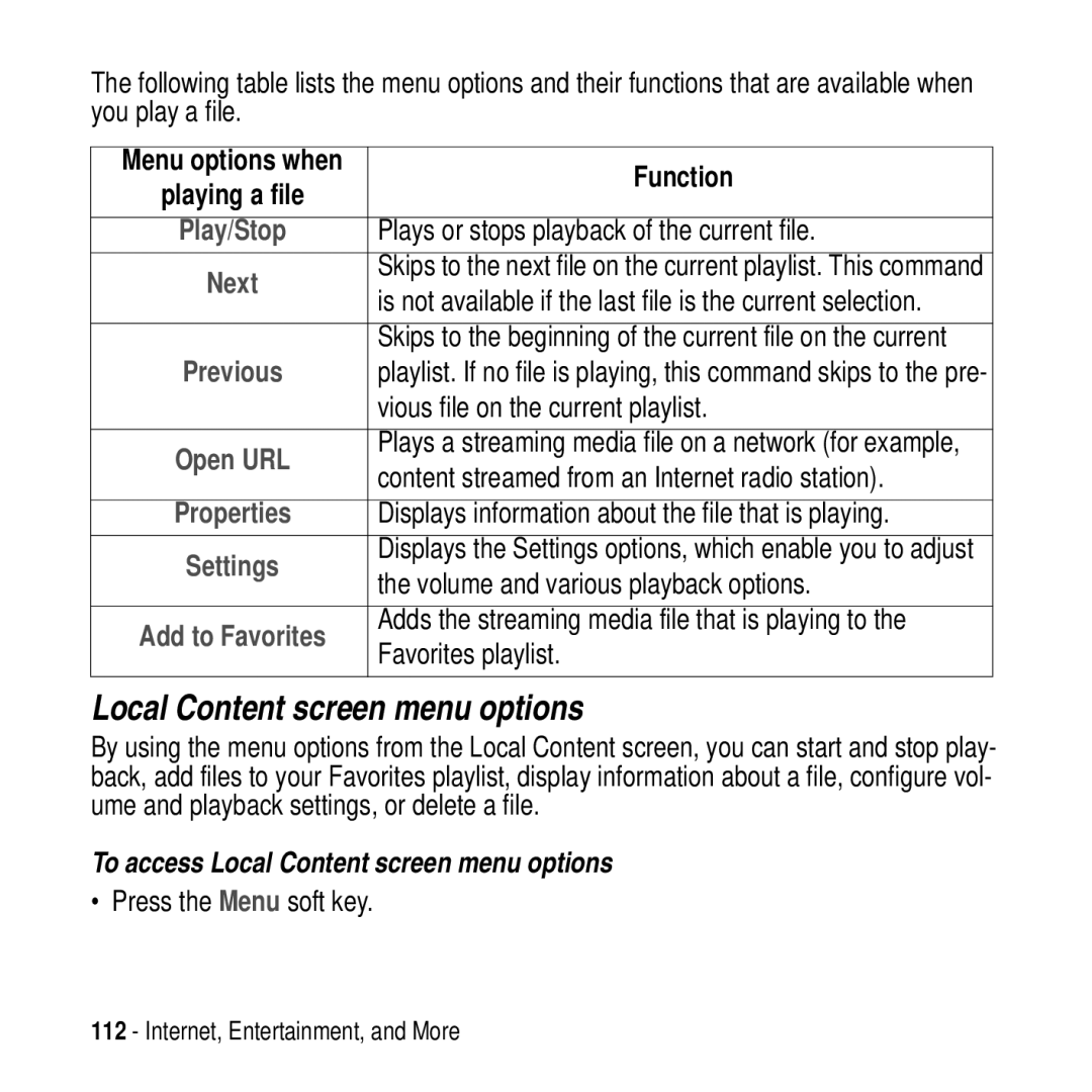 Motorola MPx200 manual To access Local Content screen menu options 