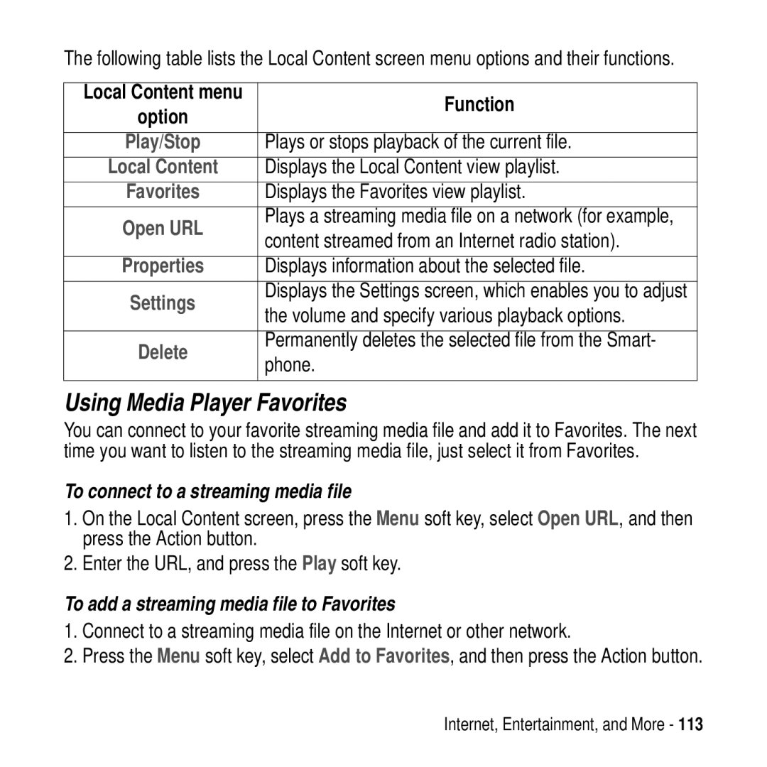 Motorola MPx200 manual Using Media Player Favorites, To connect to a streaming media file 