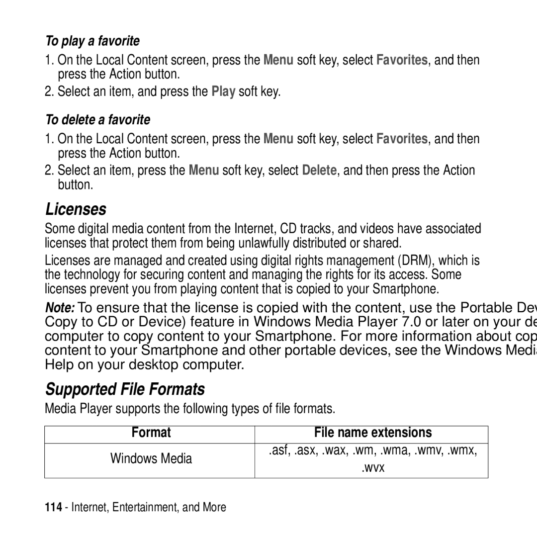 Motorola MPx200 manual Licenses, Supported File Formats, To play a favorite, Format File name extensions 