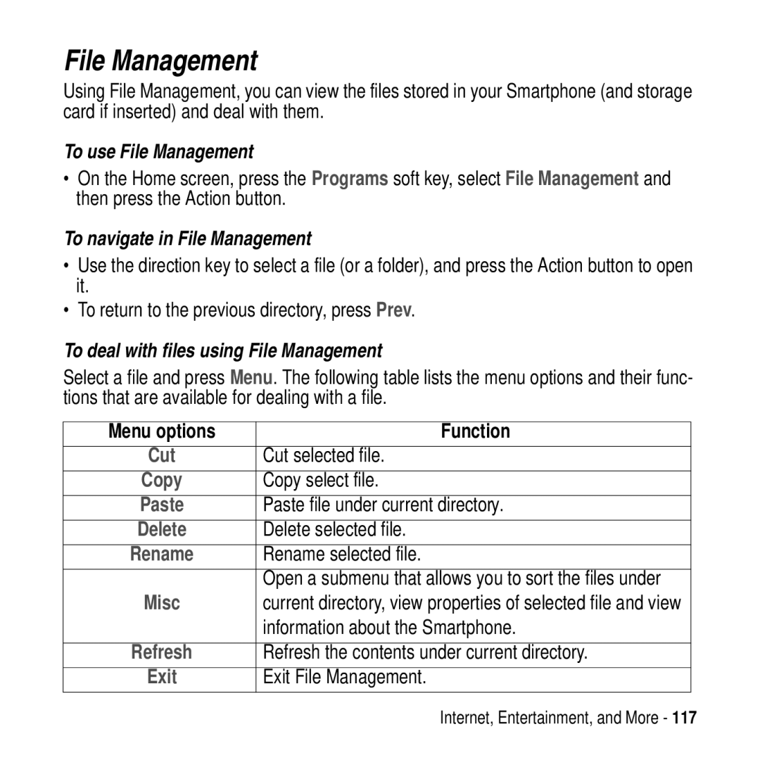 Motorola MPx200 manual To use File Management, To navigate in File Management, To deal with files using File Management 