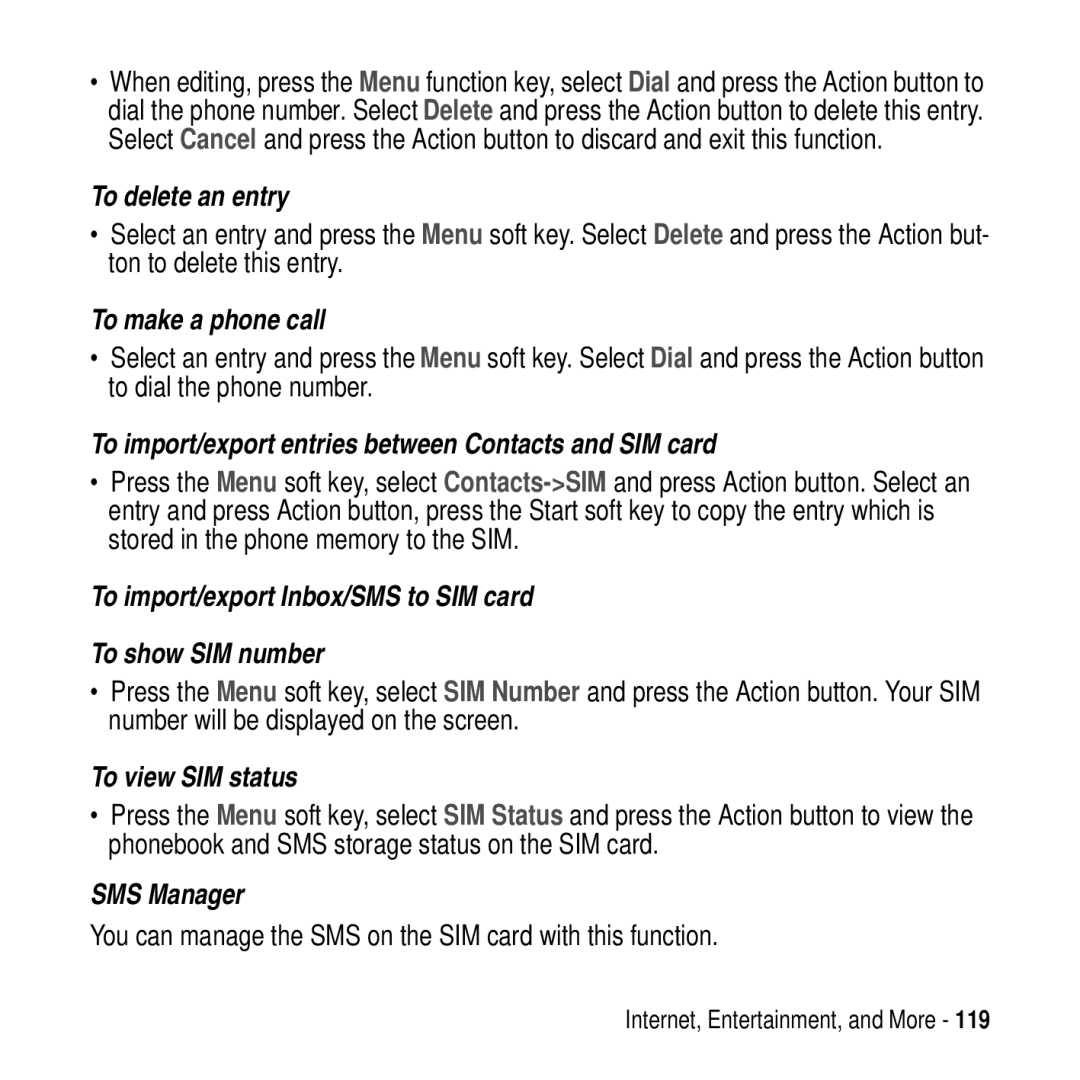 Motorola MPx200 manual To delete an entry, To make a phone call, To import/export entries between Contacts and SIM card 