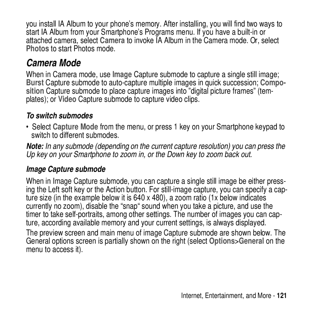 Motorola MPx200 manual Camera Mode, To switch submodes, Image Capture submode 