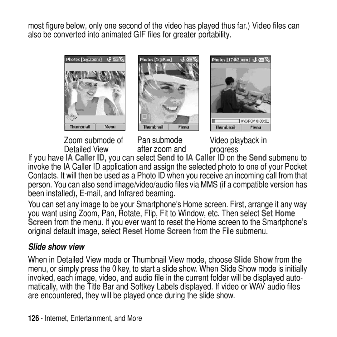 Motorola MPx200 manual Pan submode, Detailed View After zoom Progress, Slide show view 